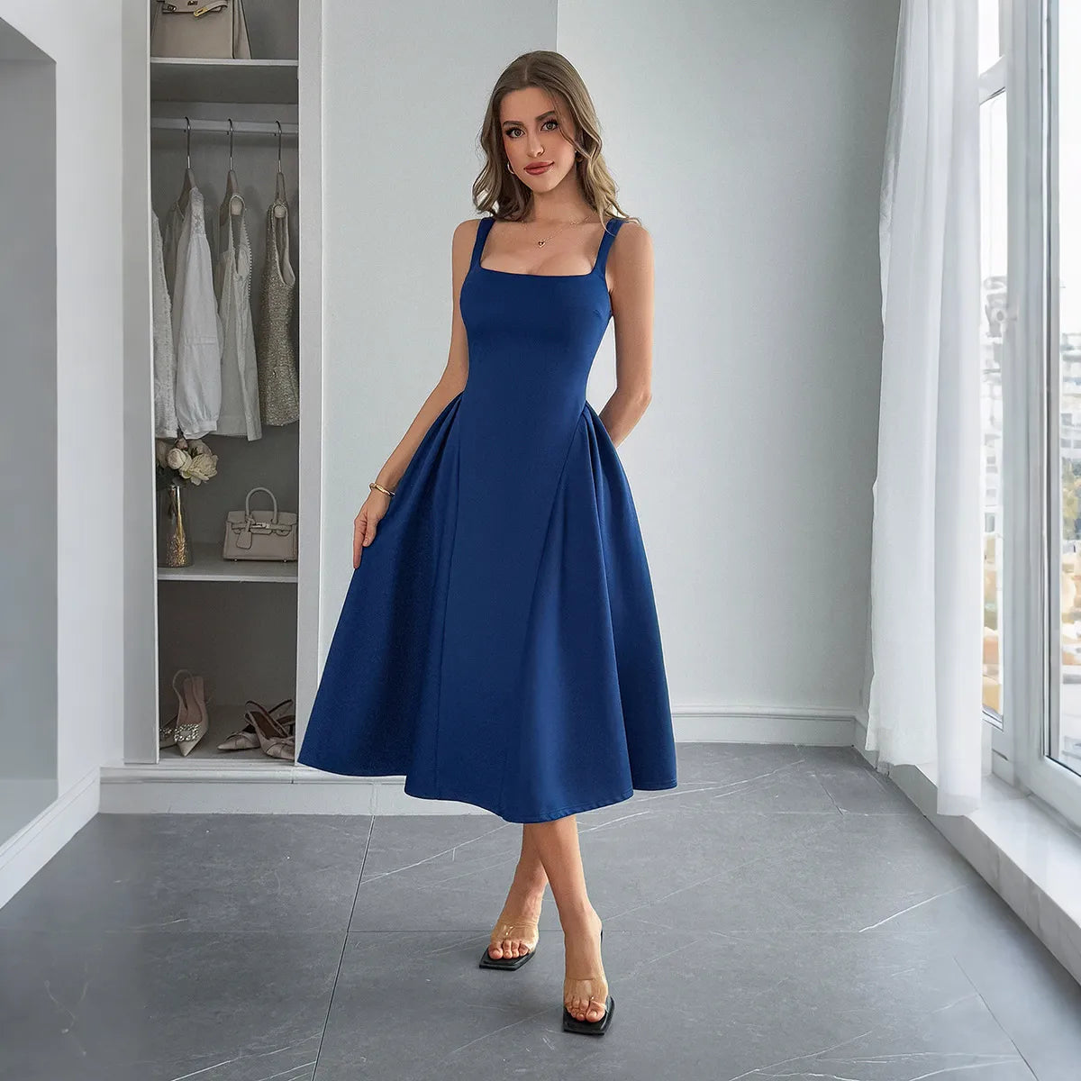 Square Neck Wide Strap Midi Dress - Blushé Belle