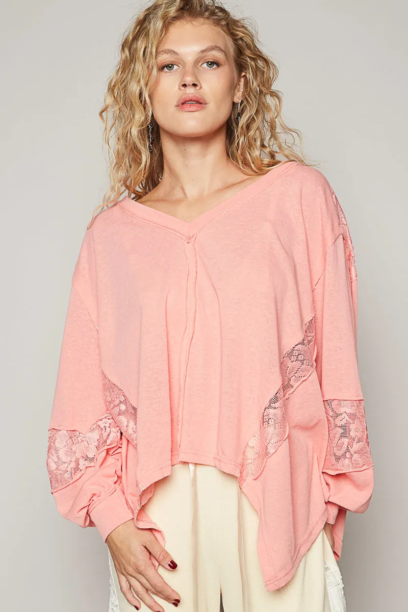POL V-Neck Long Sleeve T-Shirt with Lace Detail - Blushé Belle