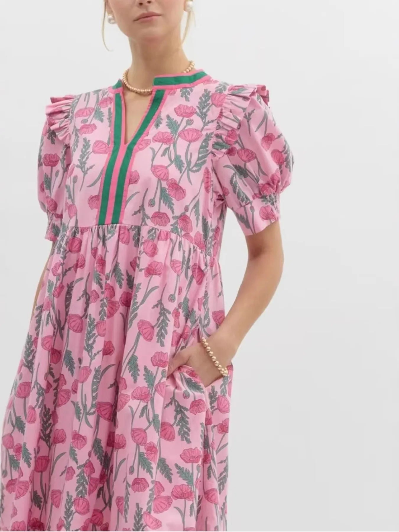 Floral Puff Sleeve Midi Dress with Contrast Trim - Blushé Belle