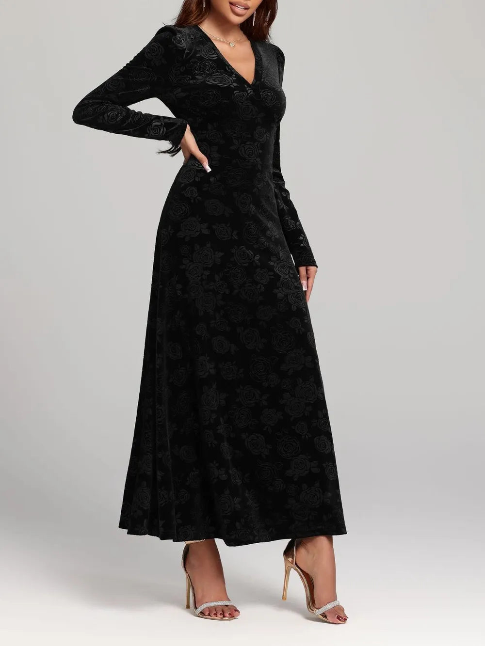 Rose Print V-Neck Long Sleeve Dress - Blushé Belle