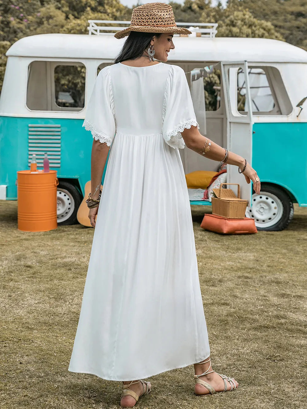 Lace Detail Eyelet V-Neck Half Sleeve Dress - Blushé Belle