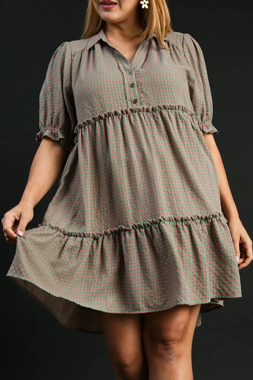 Umgee Full Size Plaid Frill Button Detail Ruffled Short Sleeve Dress Plus Size - Blushé Belle