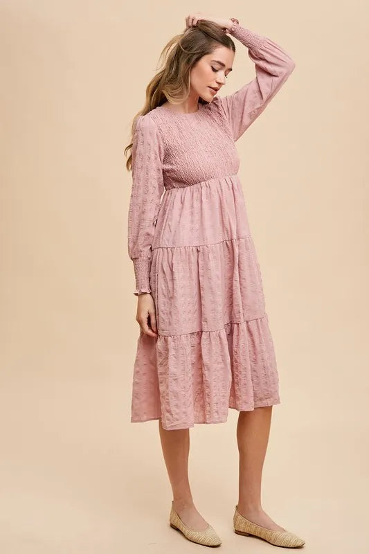 Annie Wear Textured Smocking Bodice Tiered Midi Dress - Blushé Belle
