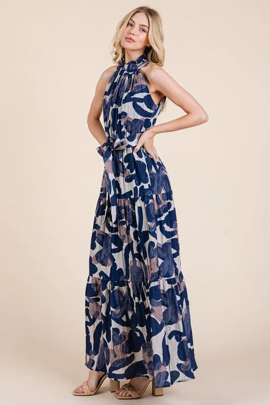 Lime 'N' Chili Abstract Halter Neck Tie-Waist Tiered Maxi Dress - Blushé Belle