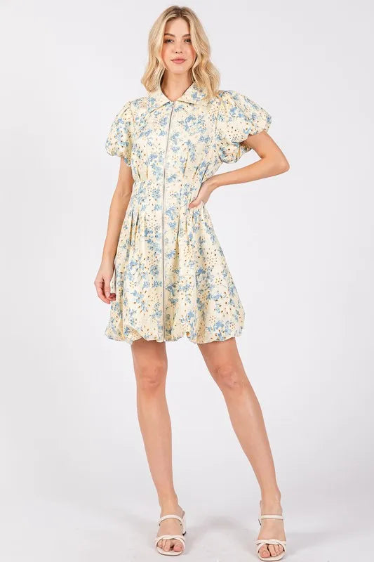 GeeGee Floral Eyelet Zipper Front Puff Sleeve Mini Dress - Blushé Belle