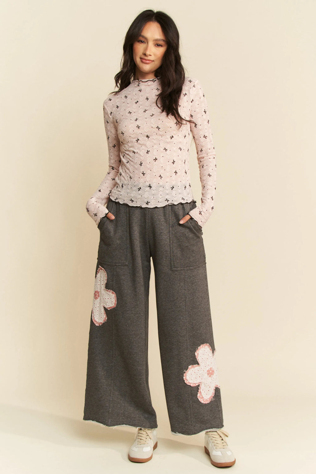 Davi & Dani Ribbon Bow Lace Hem Long Sleeve Mesh Layering Top - Blushé Belle