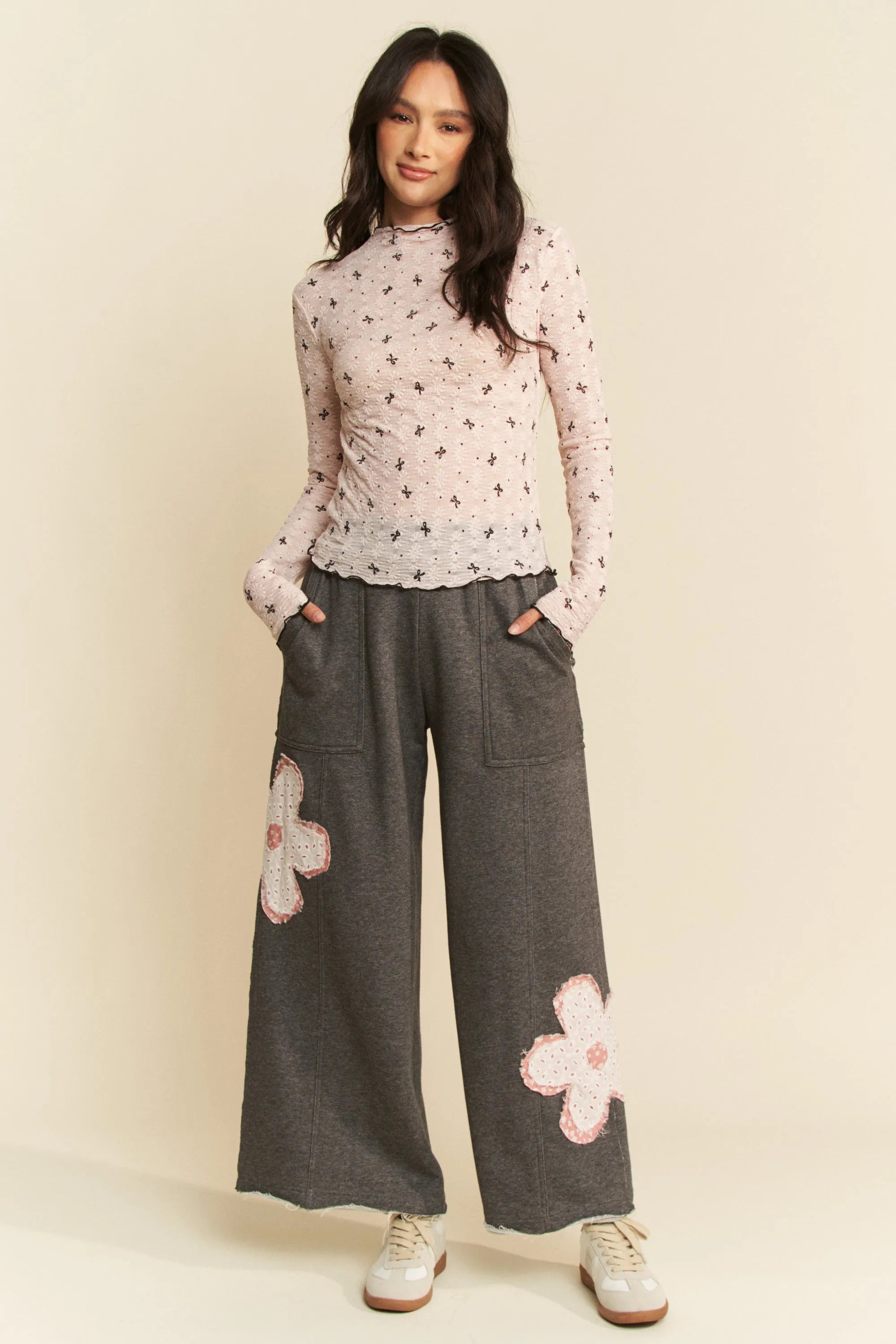 Davi & Dani Ribbon Bow Lace Hem Long Sleeve Mesh Layering Top - Blushé Belle