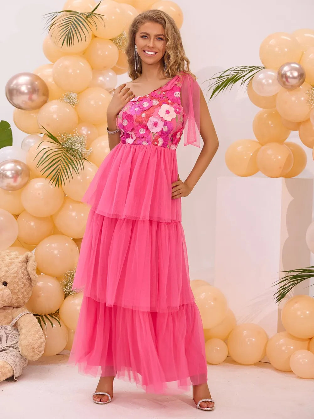 Embroidered Layered Single Shoulder Midi Dress - Blushé Belle