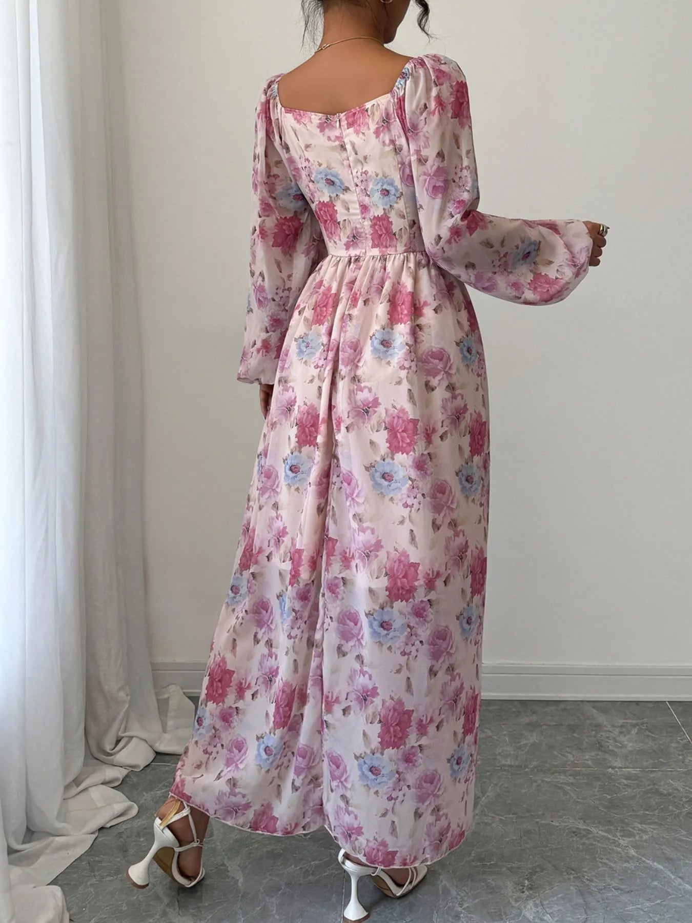 Ruffled Floral Print Balloon Sleeve Maxi Dress - Blushé Belle