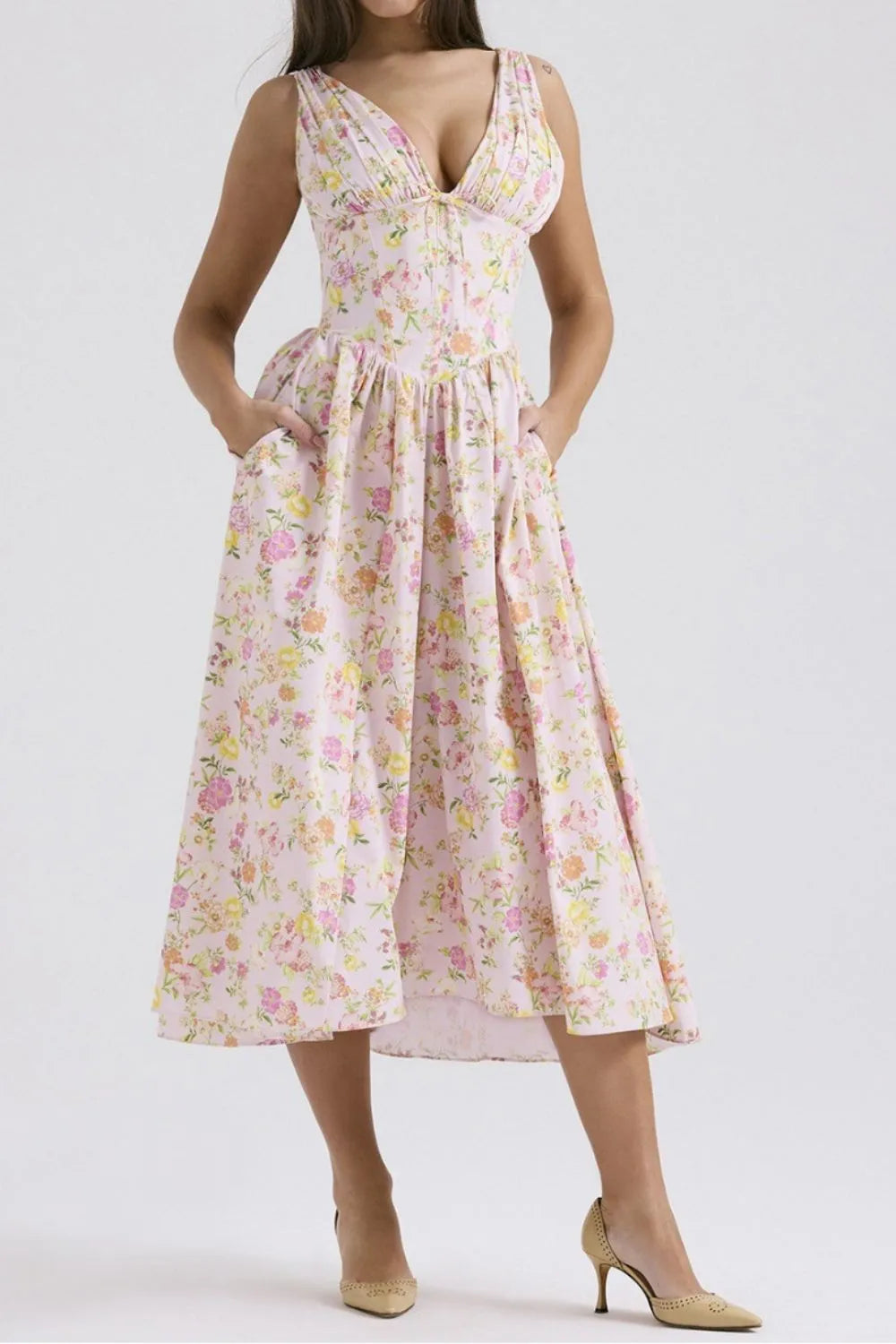 Floral V-Neck Sleeveless Midi Dress with Pockets - Blushé Belle