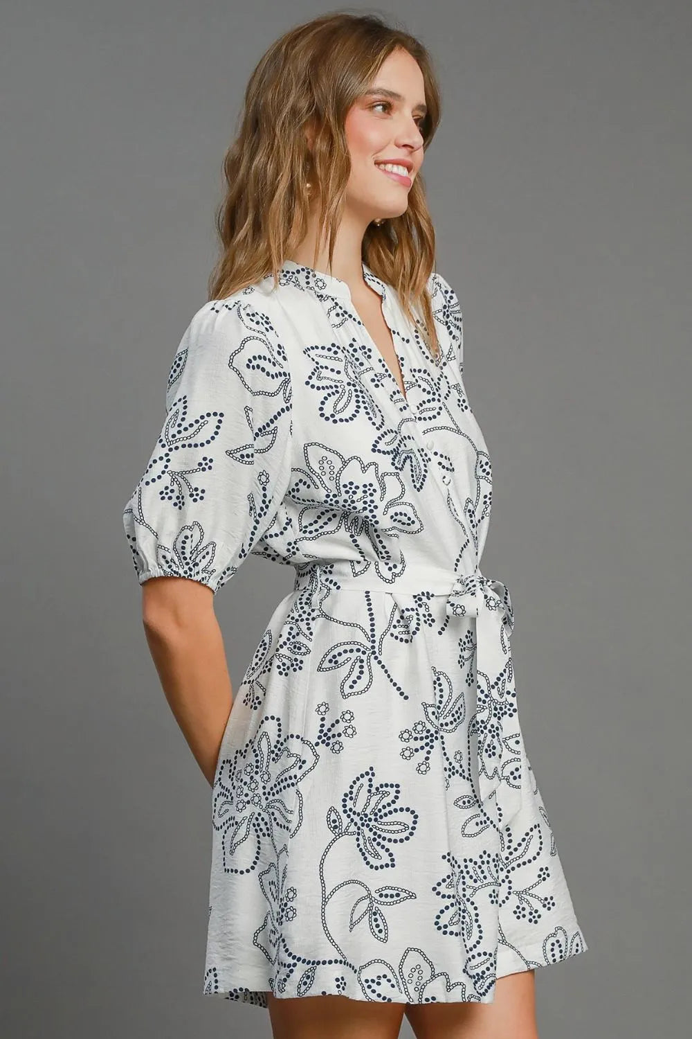 Umgee Full Size Floral Print Notched Puff Sleeve Mini Dress Plus Size - Blushé Belle