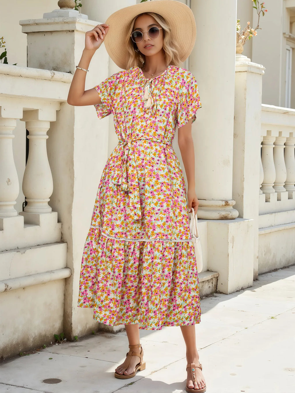 Floral Print Ruffle Hem Midi Dress - Blushé Belle