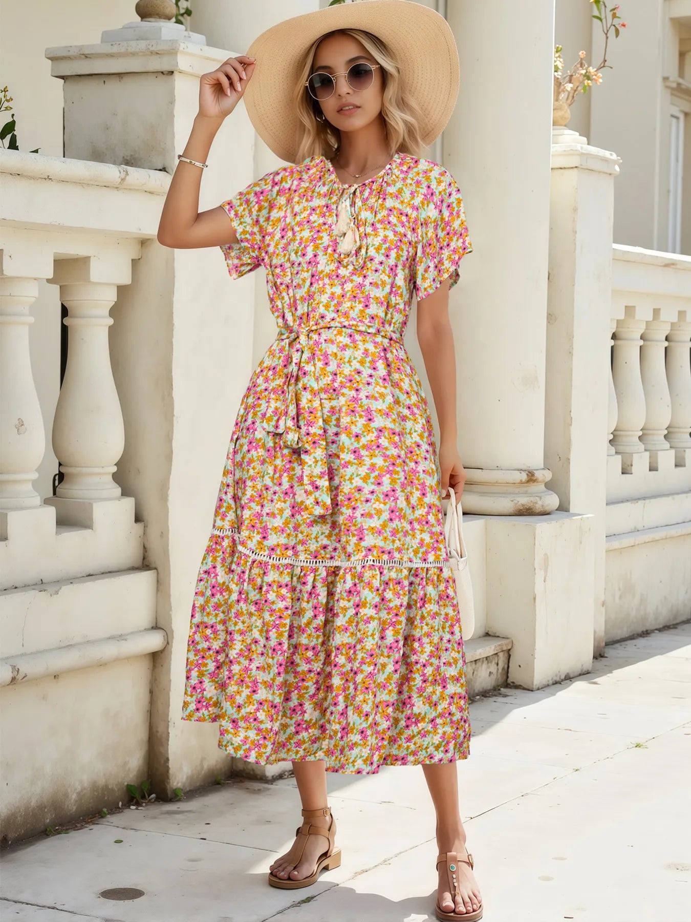 Floral Print Ruffle Hem Midi Dress - Blushé Belle