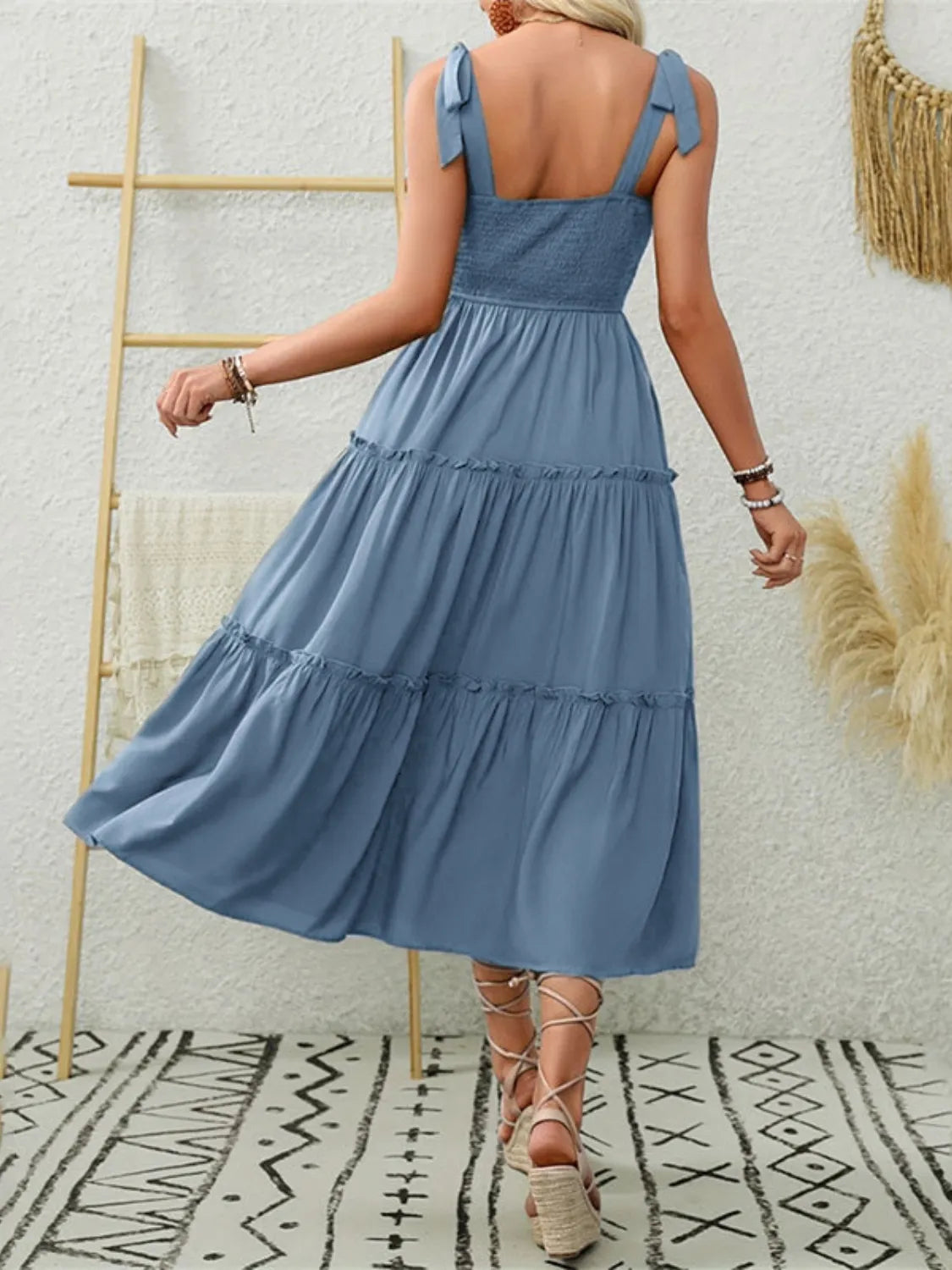 Smocked Tiered Midi Dress with Tie Straps - Blushé Belle