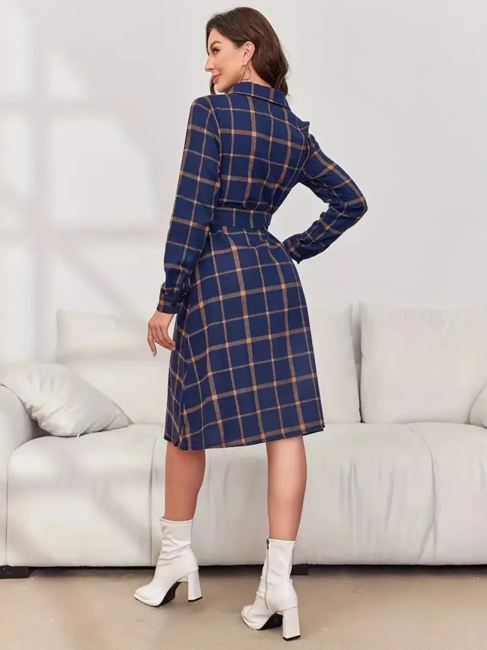 Plaid Tie Waist Long Sleeve Dress - Blushé Belle