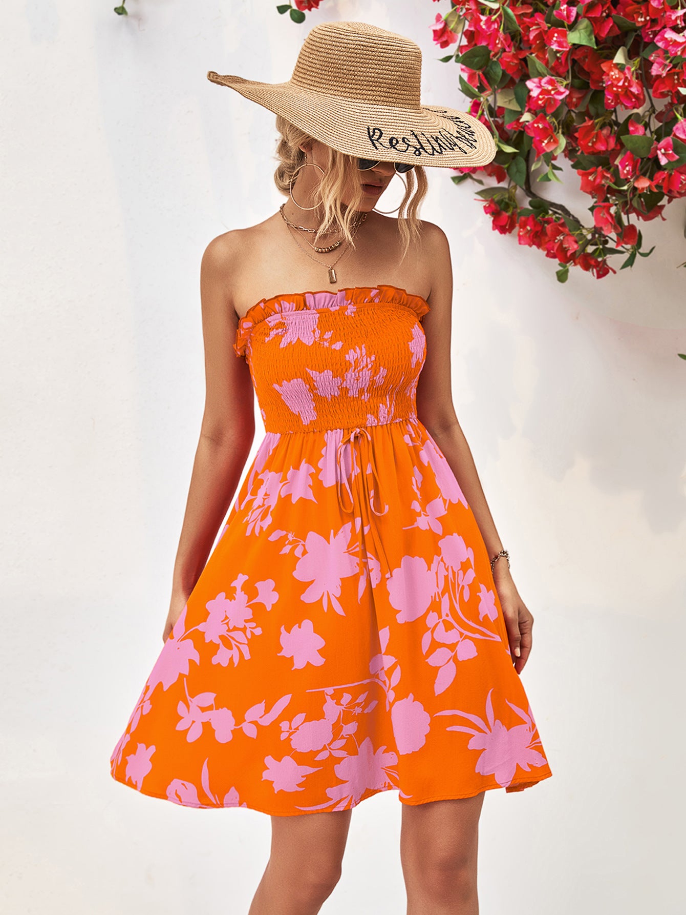 Floral Frill Trim Strapless Smocked Dress - Blushé Belle