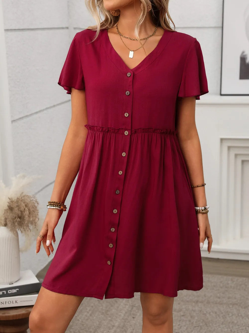Button Front Flutter Sleeve Dress - Blushé Belle