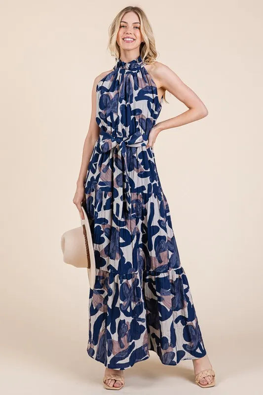 Lime 'N' Chili Abstract Halter Neck Tie-Waist Tiered Maxi Dress - Blushé Belle