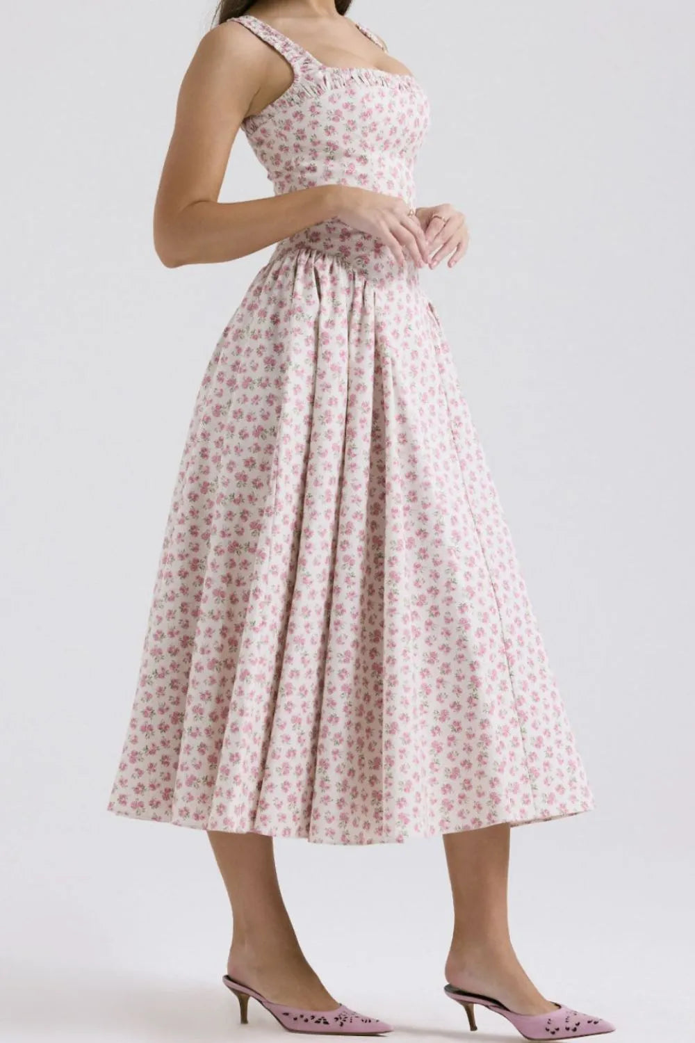 Floral Square Neck Wide Strap Midi Dress - Blushé Belle