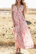 Floral Pleated Deep V Backless Maxi Dress - Blushé Belle