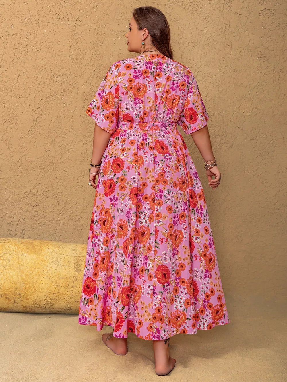 Plus Size Slit Floral V-Neck Half Sleeve Maxi Dress - Blushé Belle