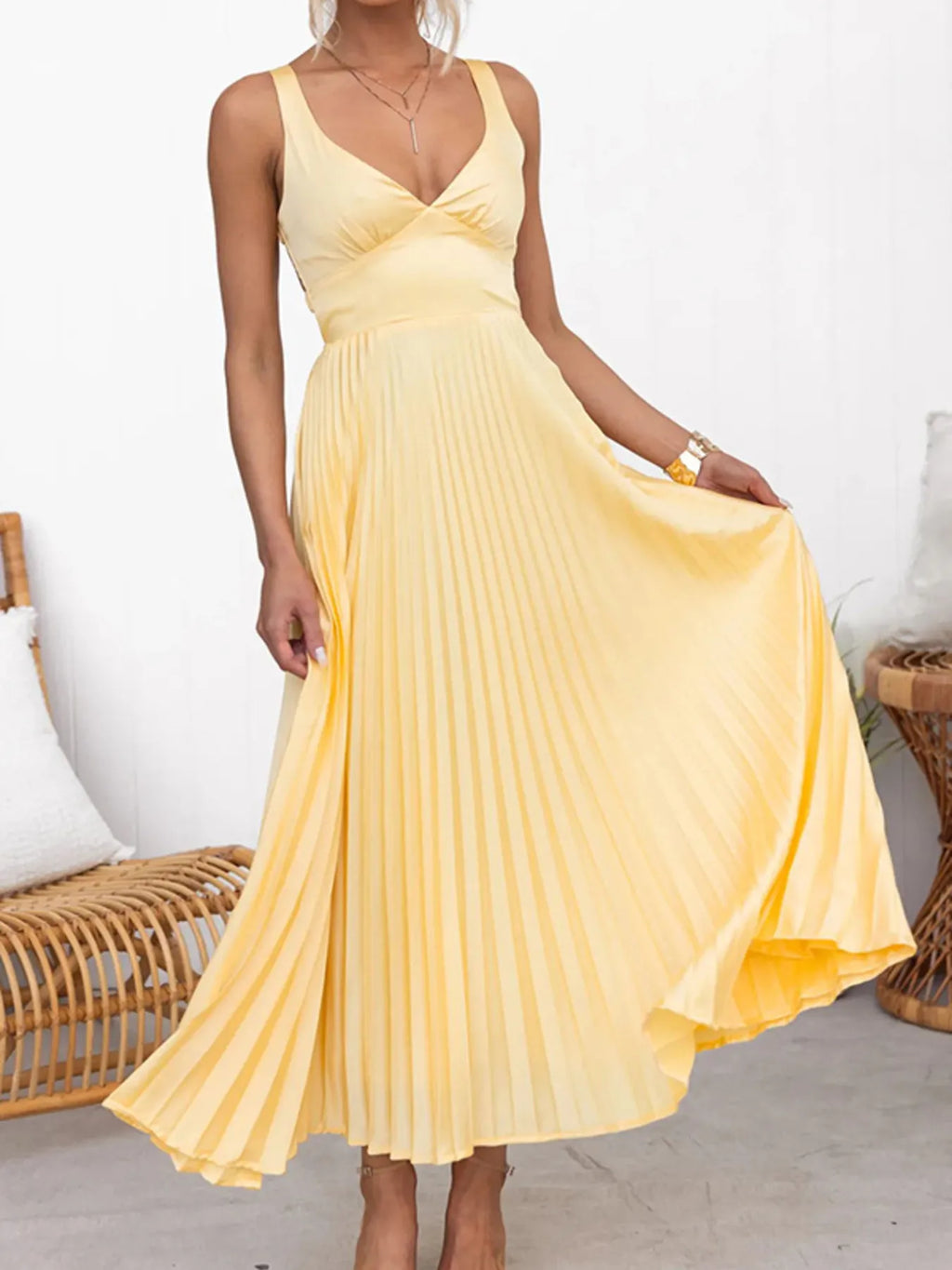 Pleated V-Neck Sleeveless Maxi Dress - Blushé Belle