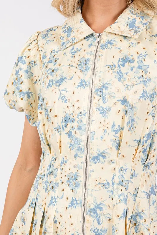 GeeGee Floral Eyelet Zipper Front Puff Sleeve Mini Dress - Blushé Belle