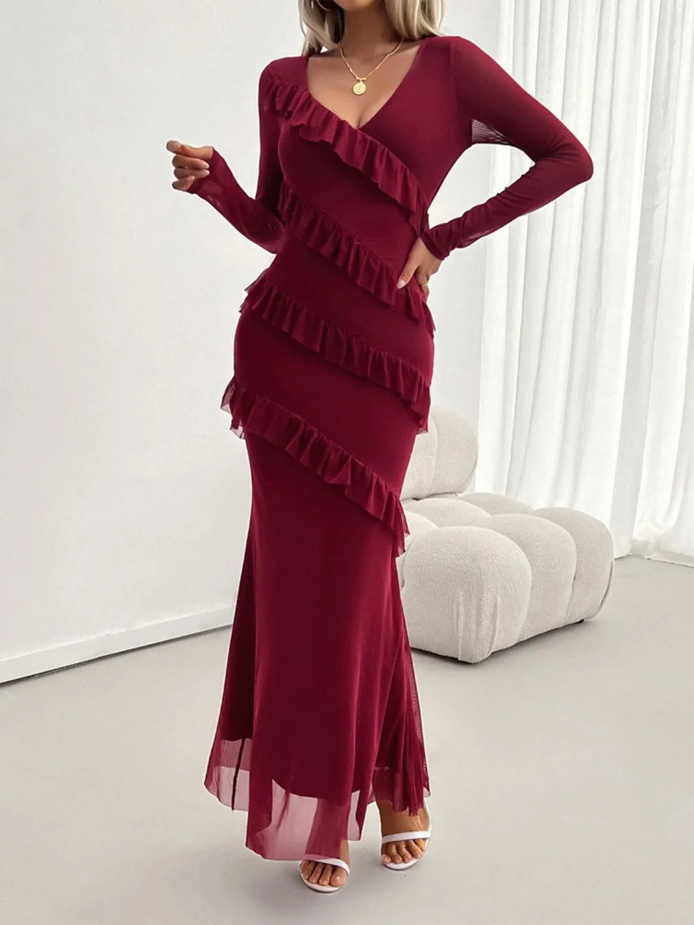 Devine Ruffled Surplice Long Sleeve Maxi Dress - Blushé Belle