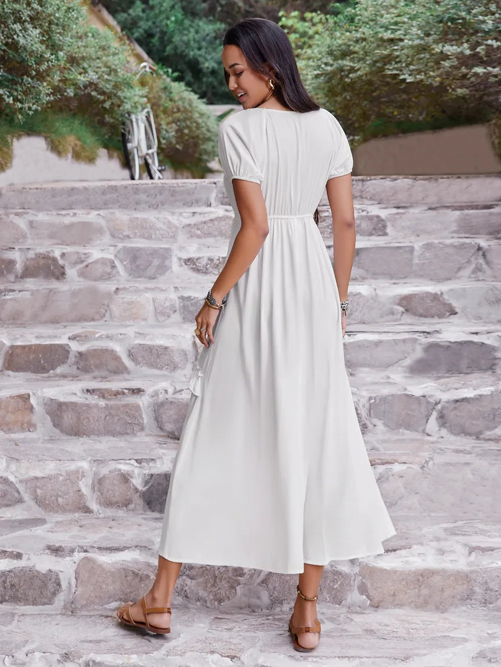 Ruffled Square Neck Short Sleeve Dress - Blushé Belle