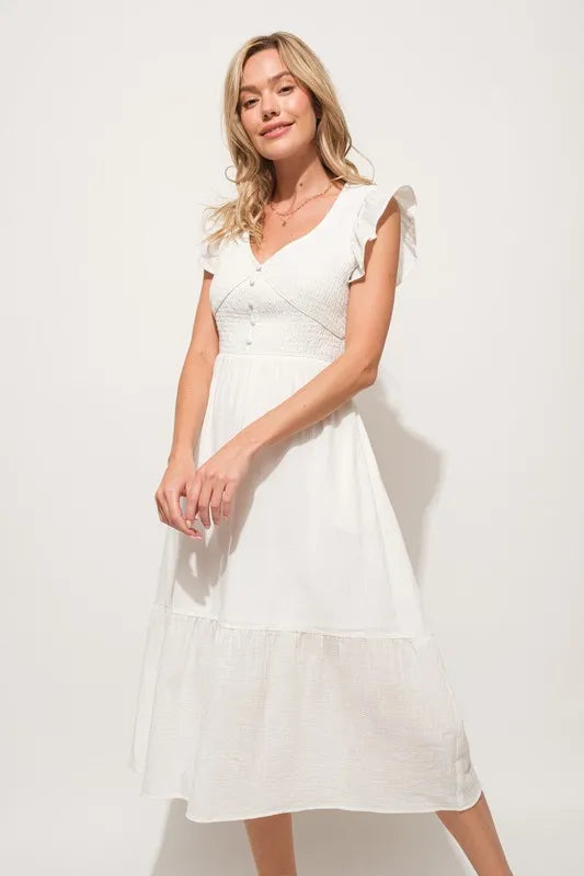 And The Why Ruffle Sleeve Front Smocked Tiered Midi Dress - Blushé Belle