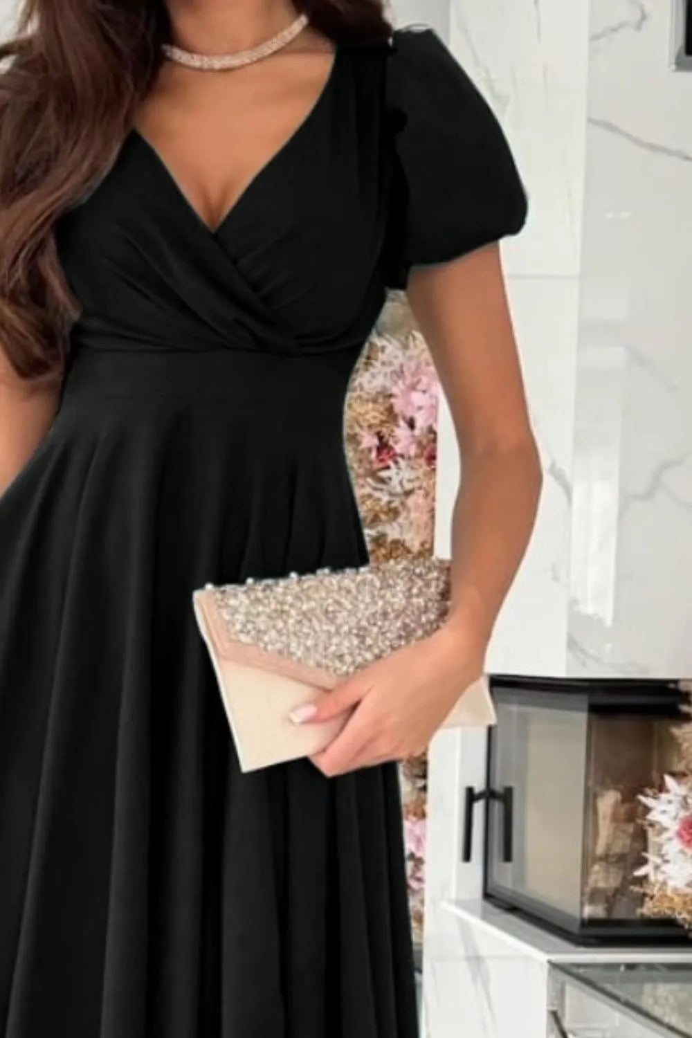 Surplice Puff Sleeve Midi Dress - Blushé Belle