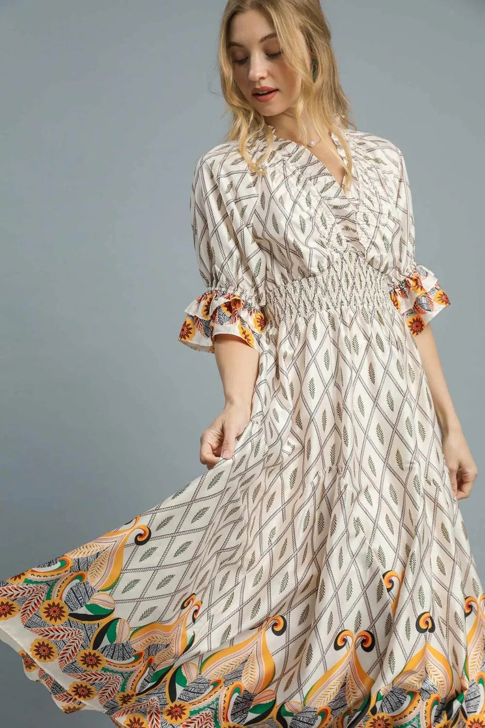Umgee Printed Smocked Waist Flounce Sleeve Midi Dress - Blushé Belle
