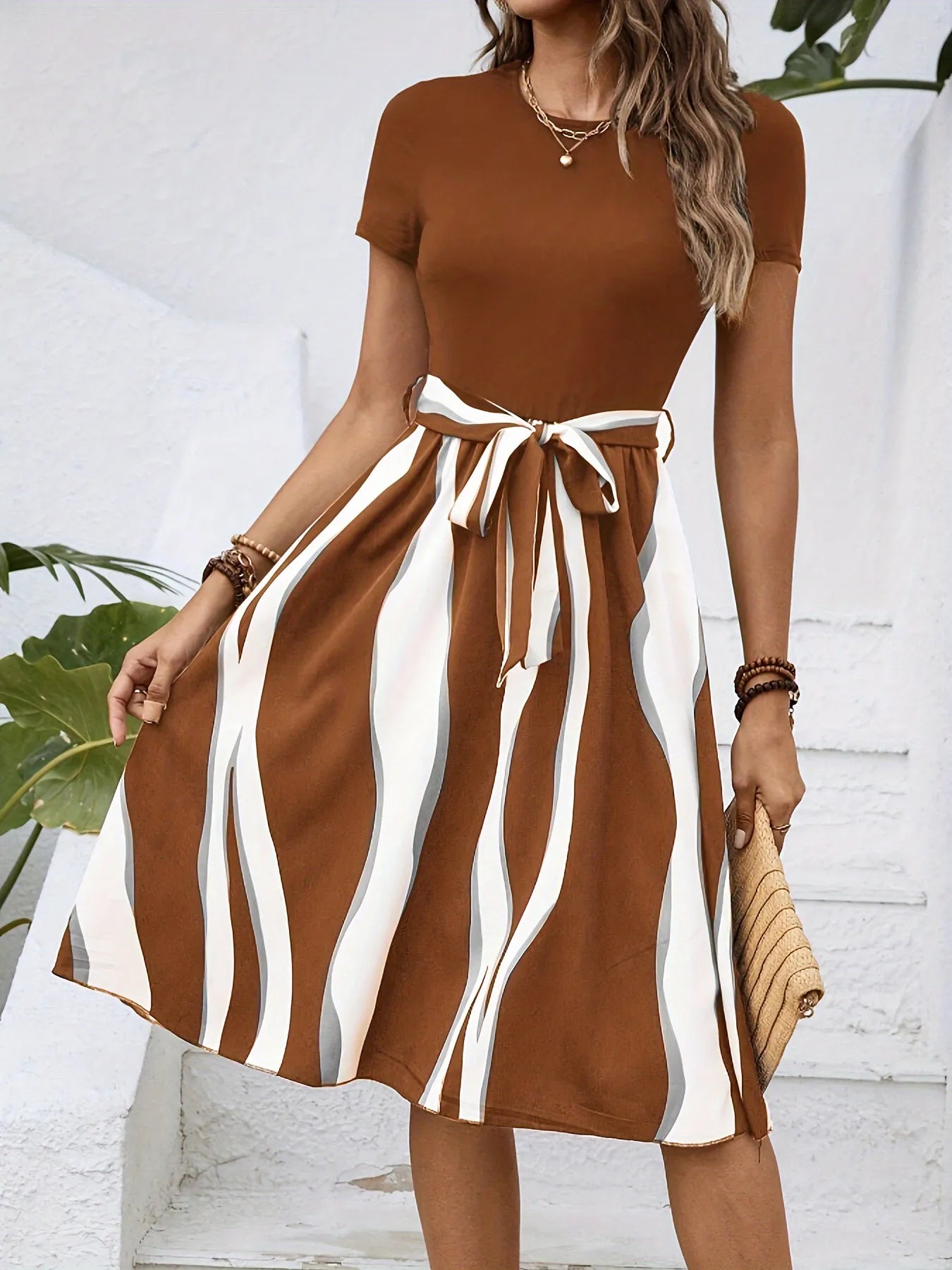 Striped Short Sleeve Tie Waist Dress - Blushé Belle