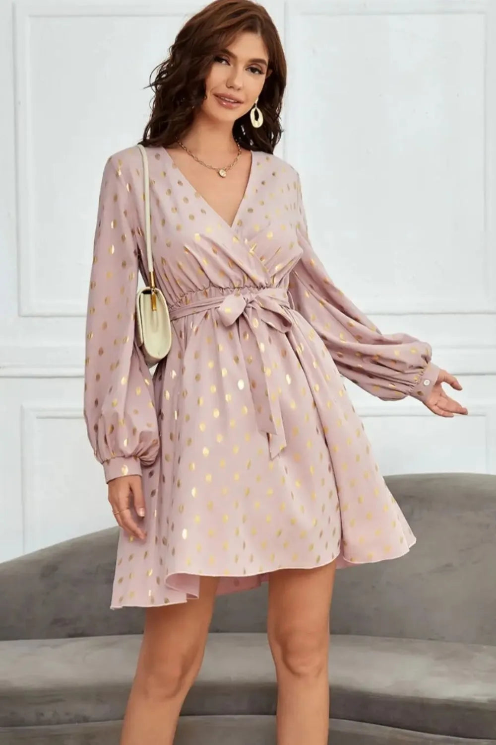 Tied Printed Surplice Long Sleeve Dress - Blushé Belle
