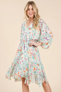 Lime 'N' Chili Floral Cinched Waist Balloon Sleeve V-Neck Dress - Blushé Belle