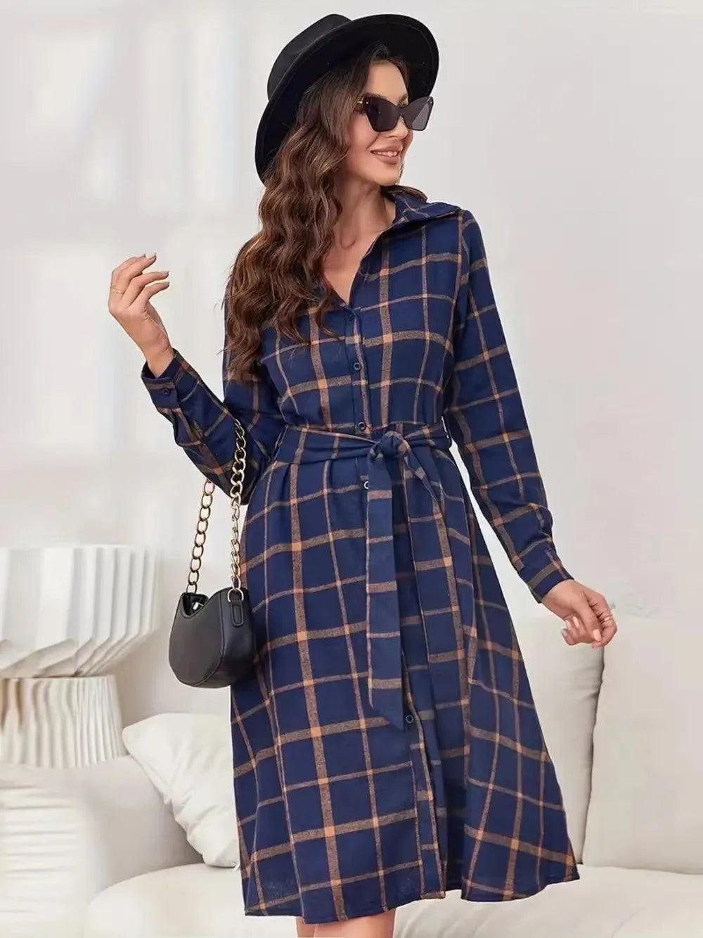 Plaid Tie Waist Long Sleeve Dress - Blushé Belle