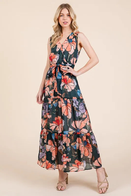 Lime 'N' Chili Floral Print Sleeveless Tie Waist Maxi Dress - Blushé Belle