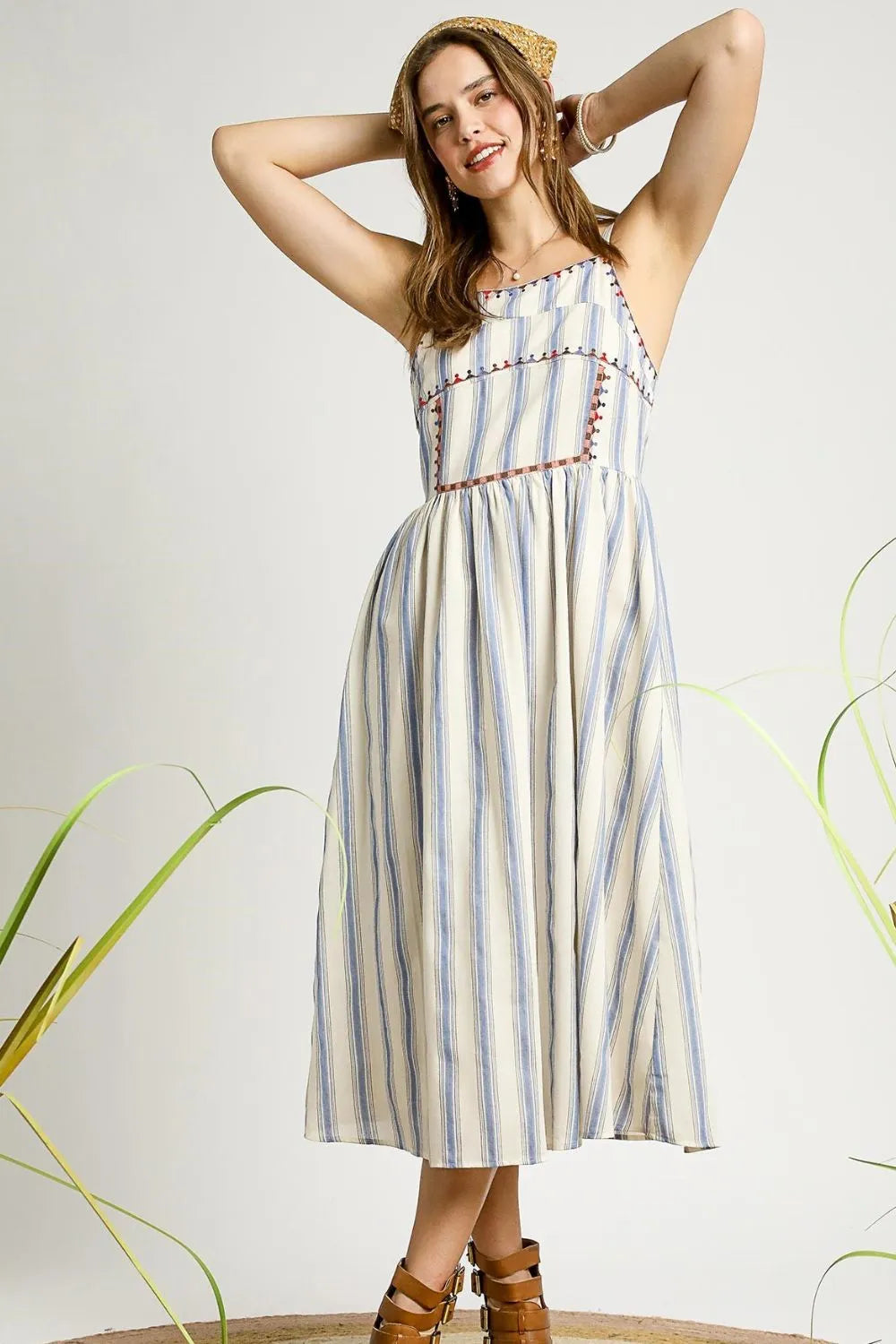 Umgee Striped Colorful Embroidered Trim Cami Dress - Blushé Belle