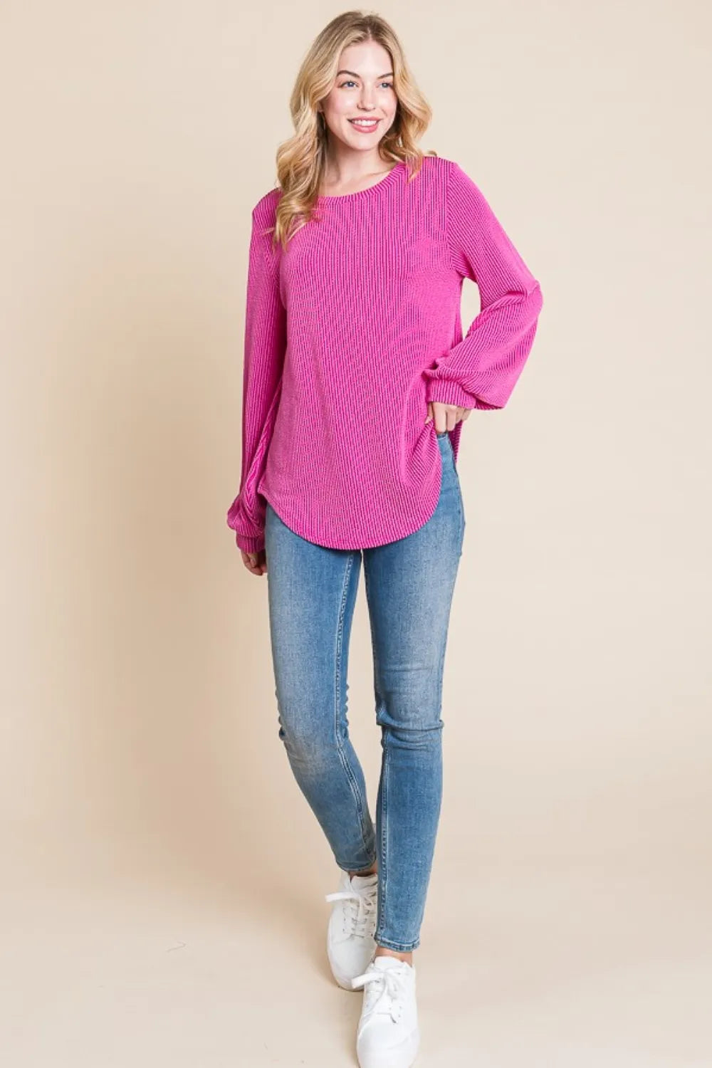 BOMBOM Long Sleeve Curved Hem Ribbed T-Shirt - Blushé Belle