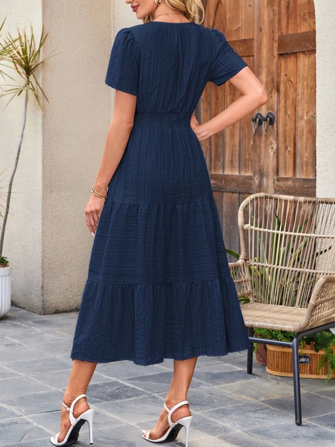 Tiered Notched Short Sleeve Dress - Blushé Belle