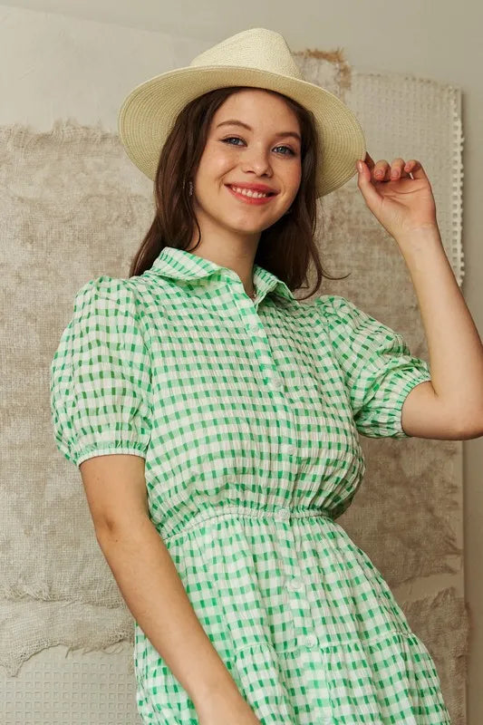 Davi & Dani Checkered Puff Sleeve Tiered Shirt Dress - Blushé Belle