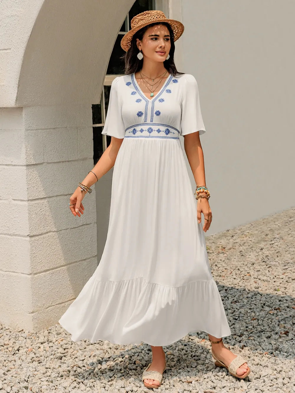 Ruffled Hem V-Neck Flutter Sleeve Dress - Blushé Belle