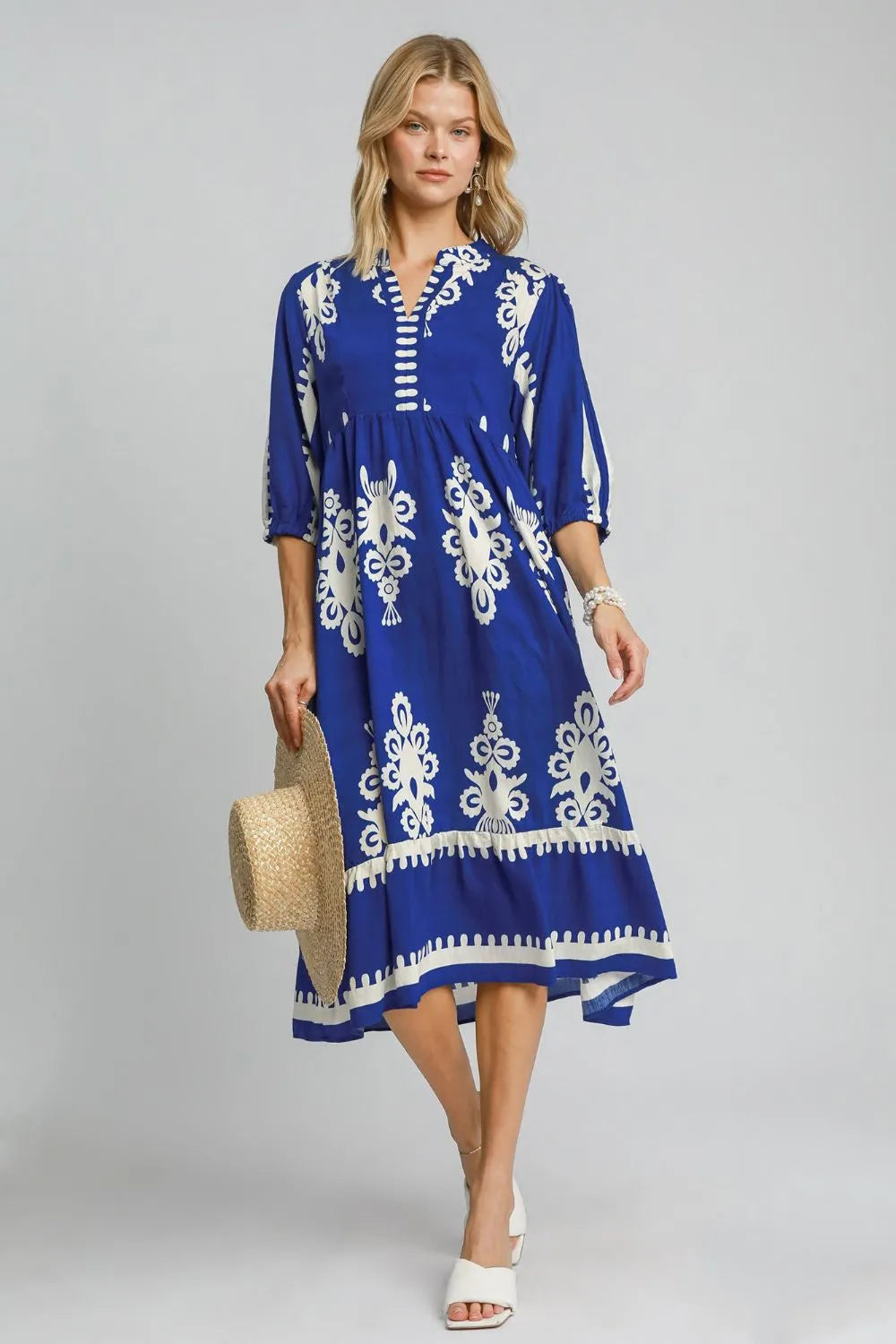 Umgee Printed Notched Midi Dress - Blushé Belle