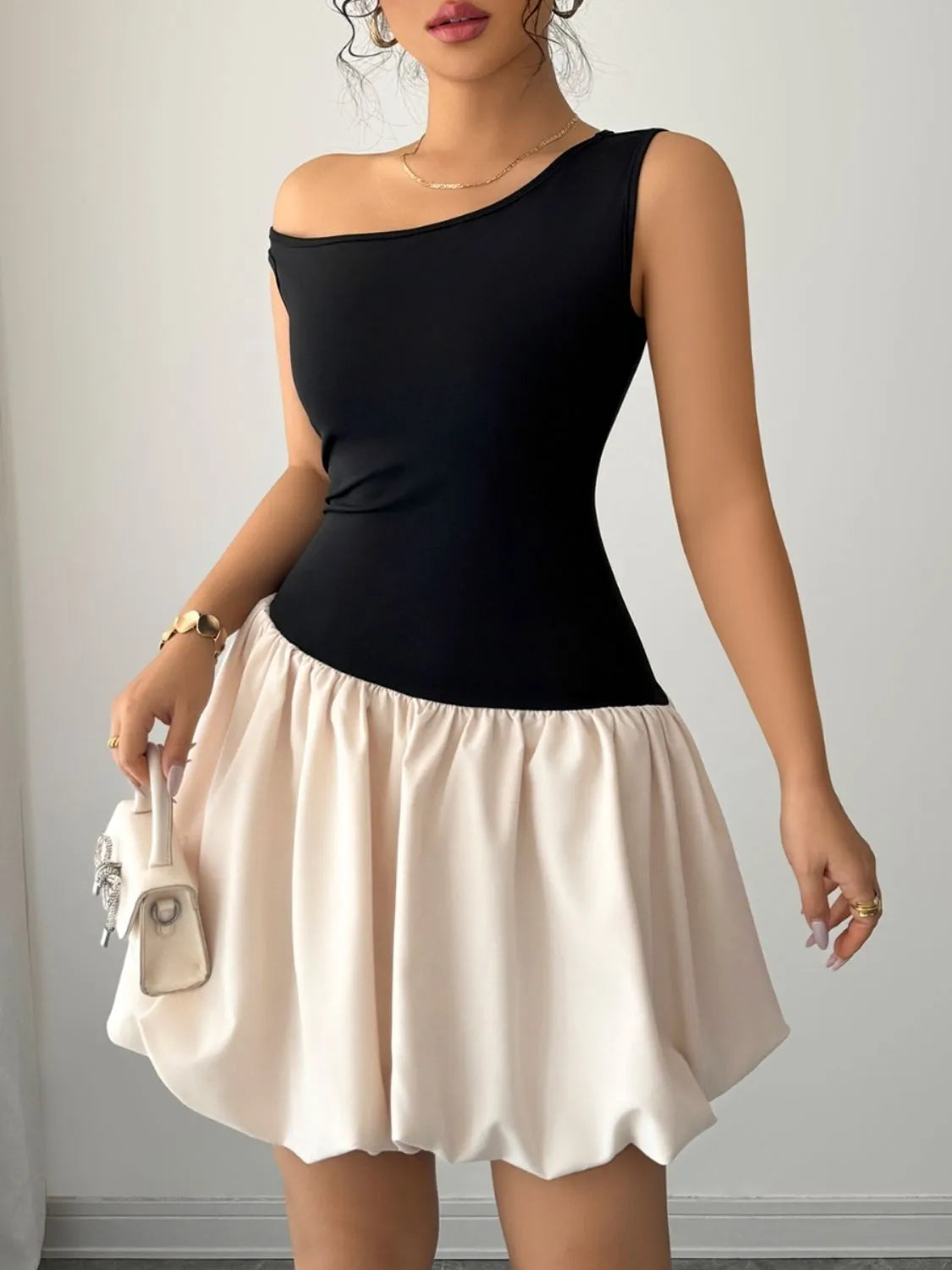 Contrast Single Shoulder Mini Tank Dress - Blushé Belle