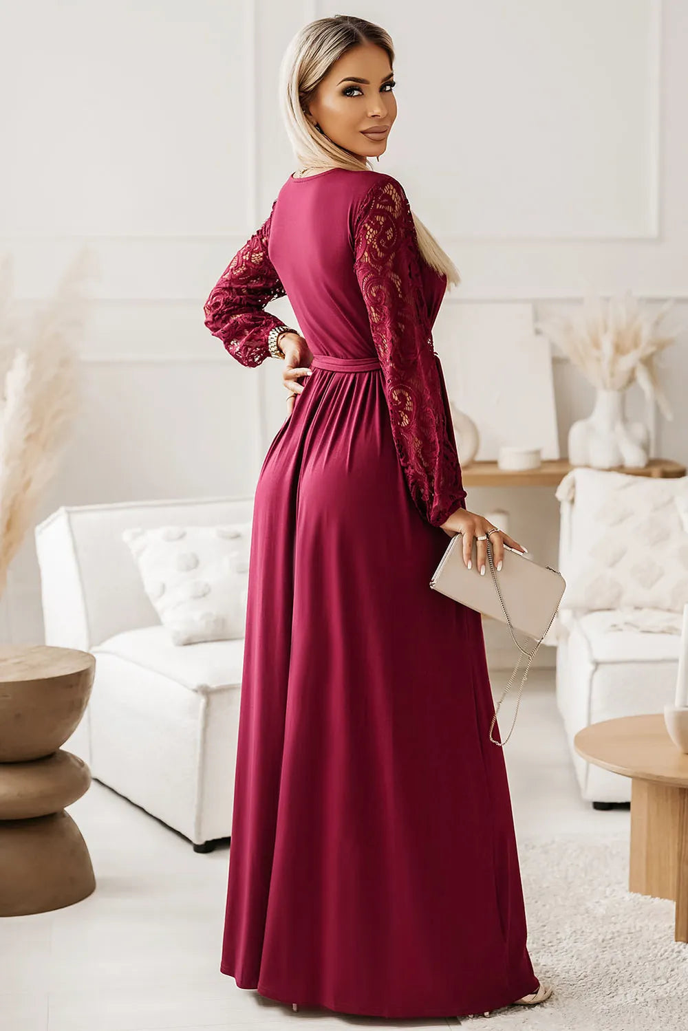 Lace Detail Surplice Tie-Waist Maxi Dress - Blushé Belle