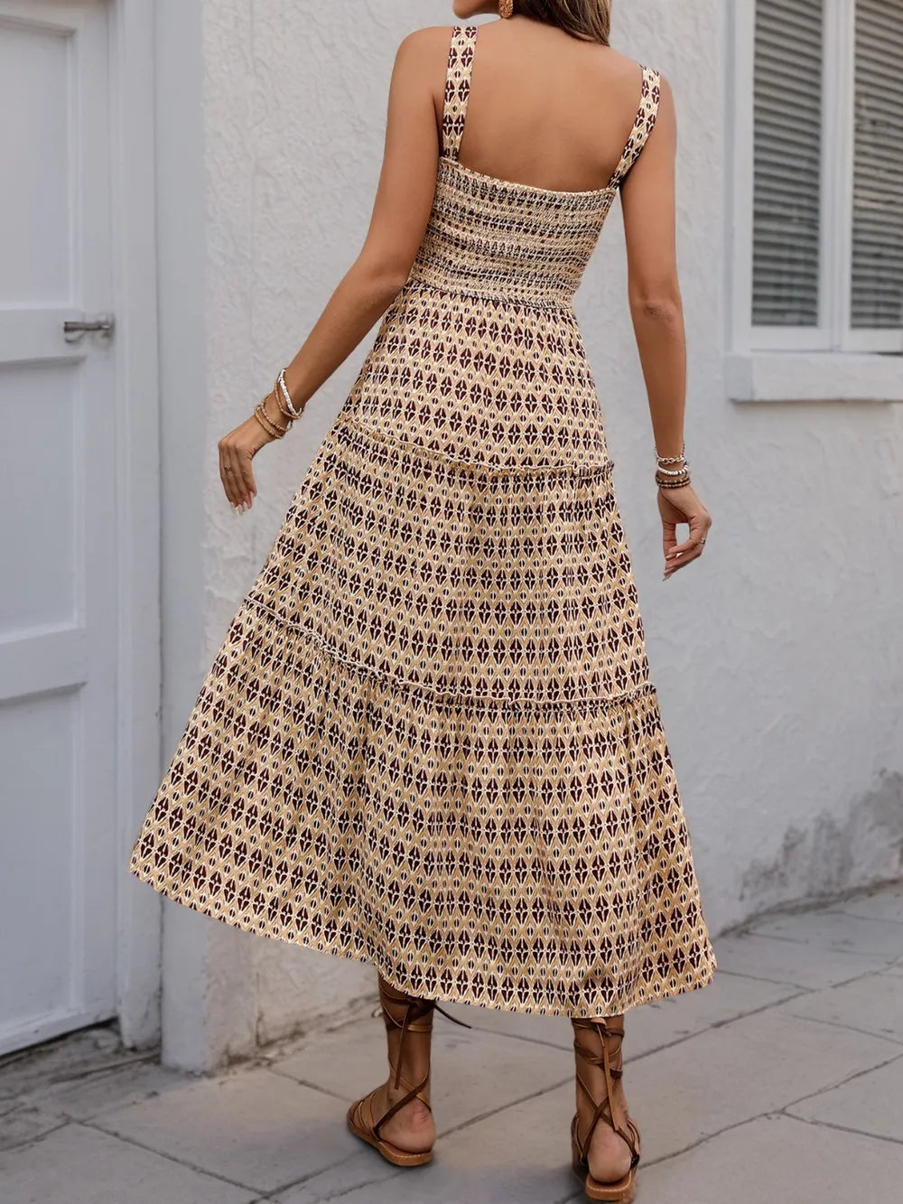 Printed Tiered Wide Strap Midi Dress - Blushé Belle