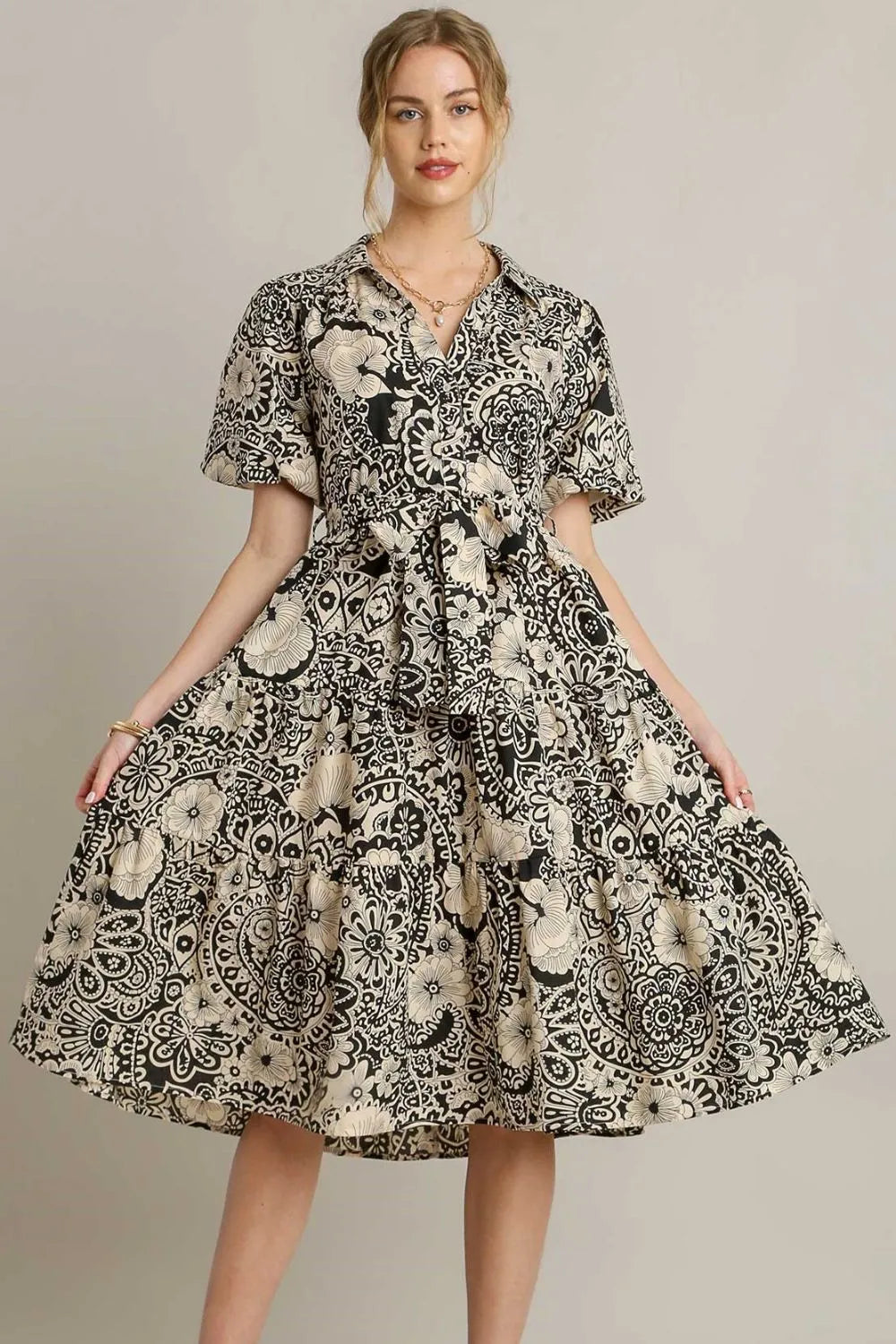 Umgee Full Size Mixed Print A-Line Tiered Midi Dress Plus Size - Blushé Belle