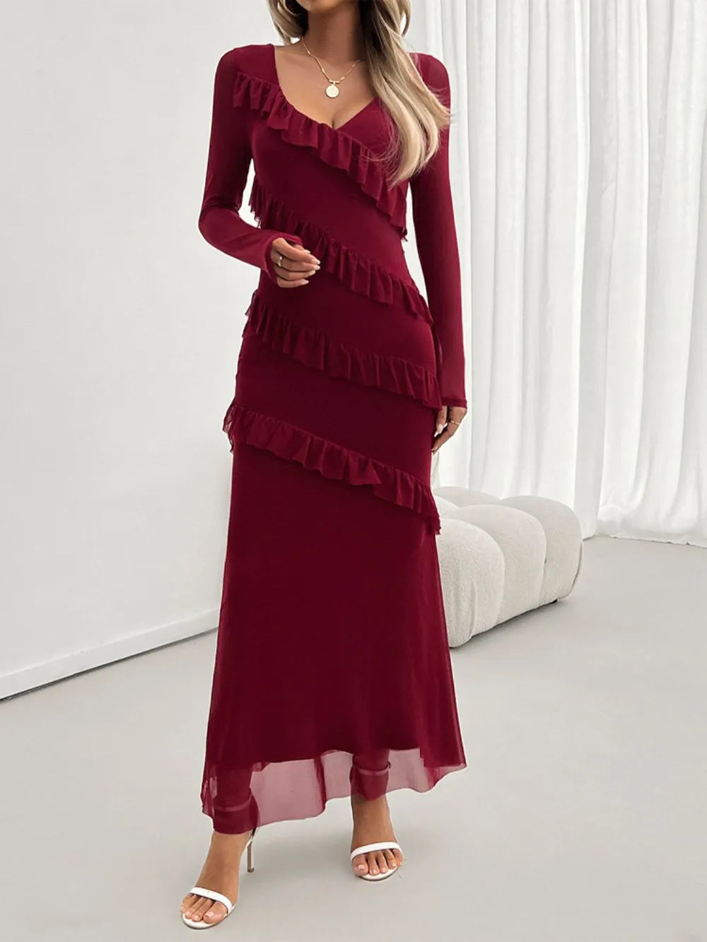 Devine Ruffled Surplice Long Sleeve Maxi Dress - Blushé Belle