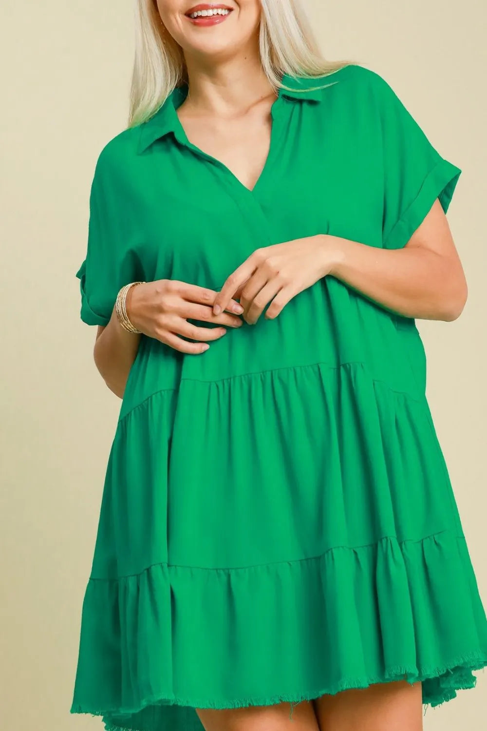 Umgee Full Size Raw Hem Folded Sleeve Tiered Dress Plus Size - Blushé Belle
