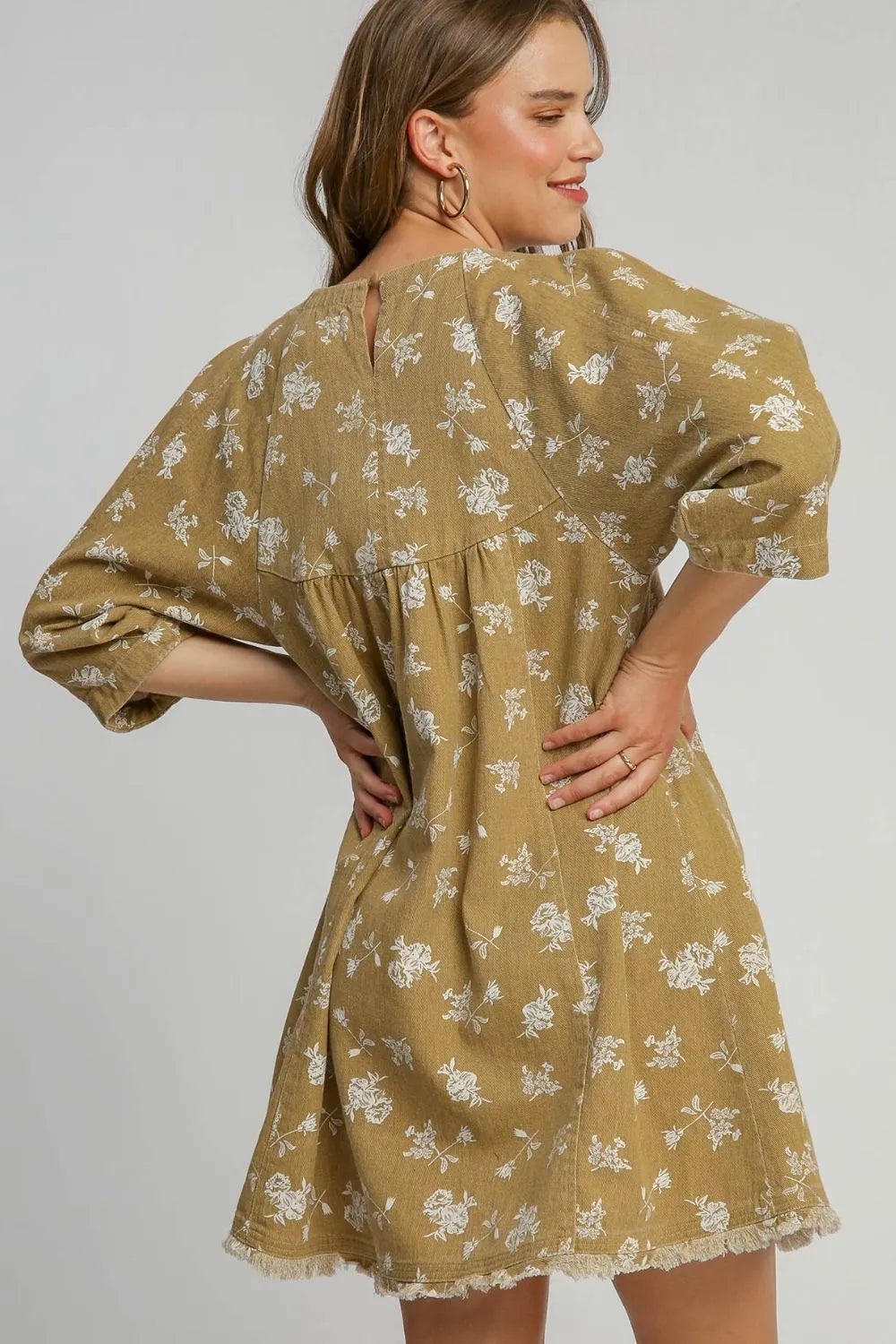 Umgee Raw Hem Floral Print Round Neck Denim Dress - Blushé Belle